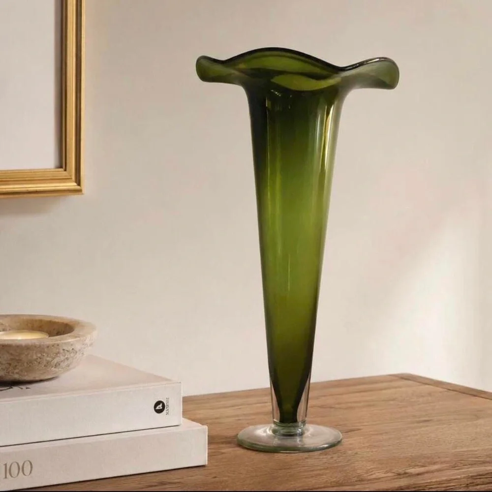 Vintage Hand Blown Tulip Trumpet Vase Tall Emerald Green Art Glass Fluted Ruffle